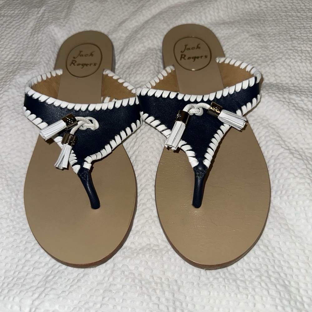 Jack Rogers Womens Alana Thong Sandals US 6.0 M Navy White‎ Tassels Flip Flops